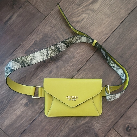 GUESS Mustard Small Crossbody Bag with Adjustable Snake Print Strap. - Picture 1 of 6